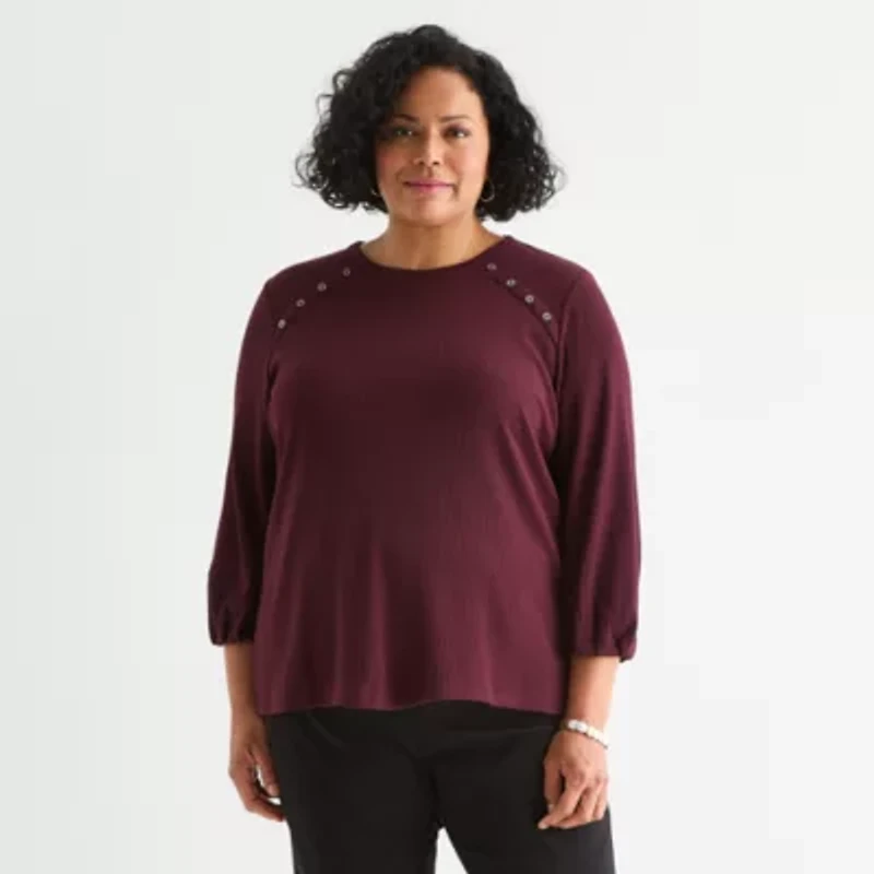Liz Claiborne Womens Plus Crew Neck 3/4 Sleeve Blouse
