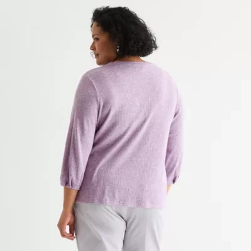 Liz Claiborne Womens Plus Crew Neck 3/4 Sleeve Blouse