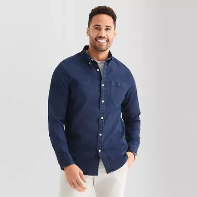 St. John's Bay Denim Mens Long Sleeve Cuffed Classic Fit Button-Down Shirt