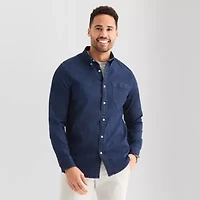 St. John's Bay Denim Mens Long Sleeve Cuffed Classic Fit Button-Down Shirt