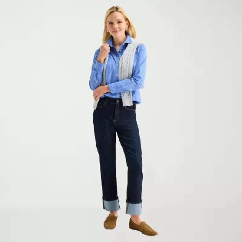 St. John's Bay Womens Tall Cuffed Long Sleeve Regular Fit Button-Down Shirt