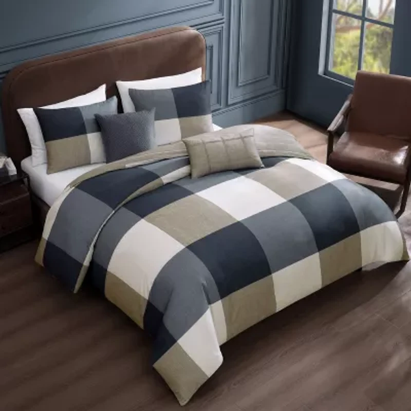 Bebejan Checkered Navy Tan 5-pc. Midweight Reversible Comforter Set