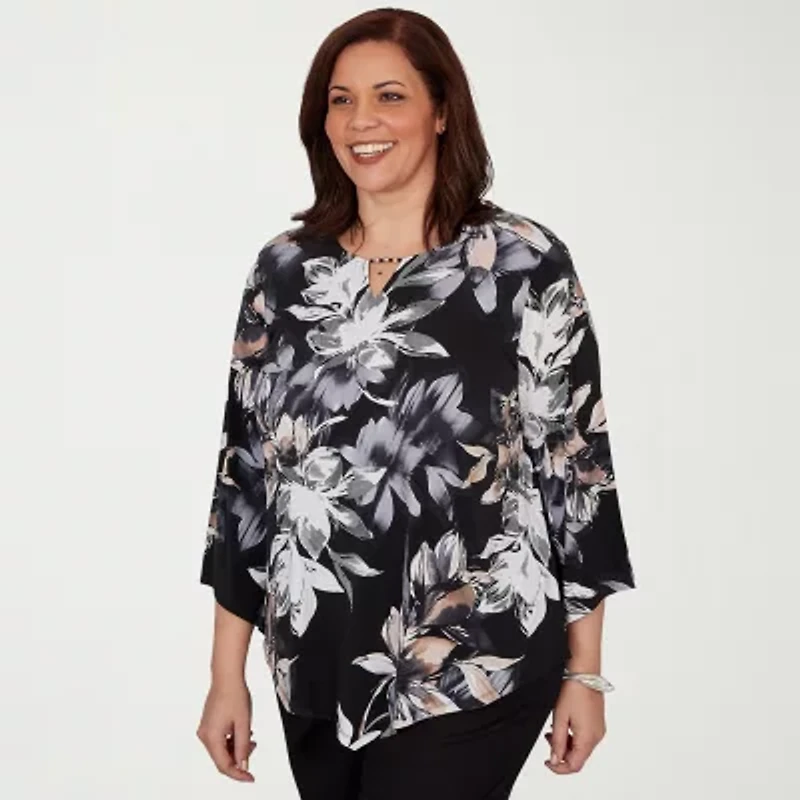 Alfred Dunner Classics Womens Plus Split Crew Neck 3/4 Sleeve T-Shirt
