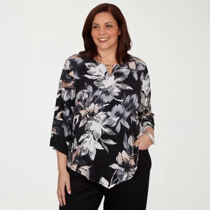 Alfred Dunner Classics Womens Plus Split Crew Neck 3/4 Sleeve T-Shirt
