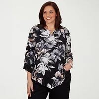 Alfred Dunner Classics Womens Plus Split Crew Neck 3/4 Sleeve T-Shirt