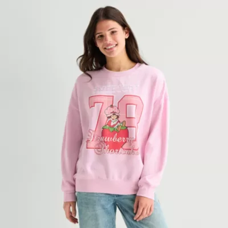 Strawberry Shortcake Crew Fleece Womens Juniors Neck Long Sleeve Embroidered Sweatshirt