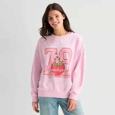 Strawberry Shortcake Crew Fleece Womens Juniors Neck Long Sleeve Embroidered Sweatshirt