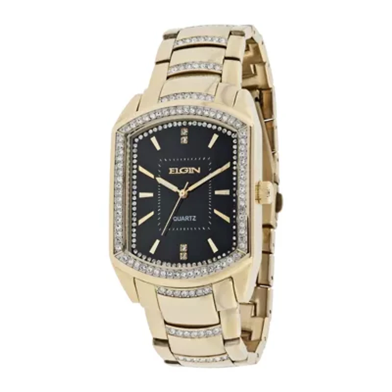 Elgin® Mens Gold-Tone & Crystal-Accent Rectangular Watch