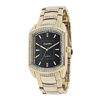 Elgin® Mens Gold-Tone & Crystal-Accent Rectangular Watch