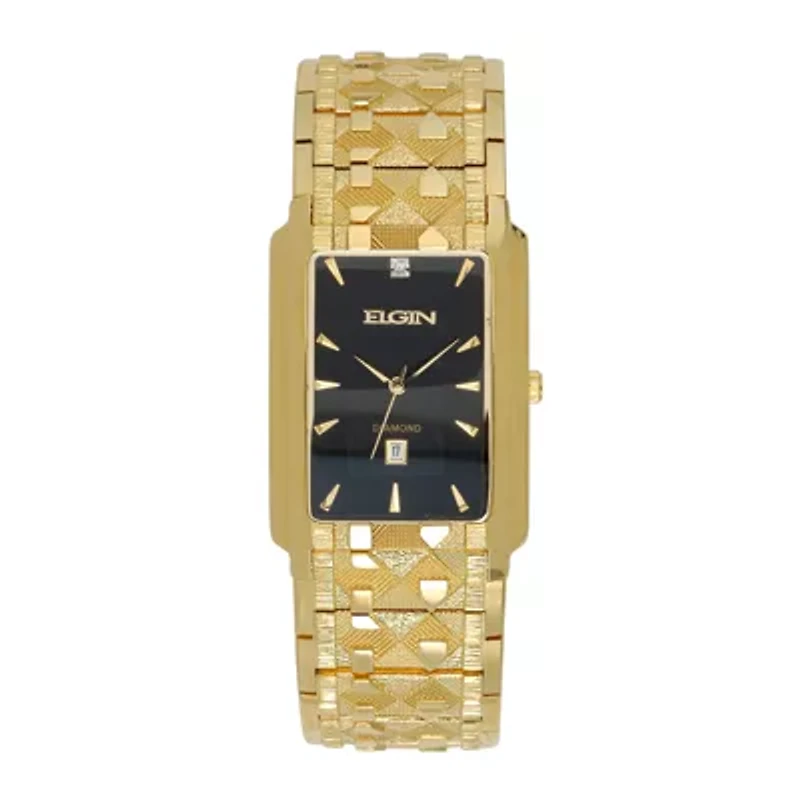 Elgin® Mens Gold-Tone & Diamond-Accent Rectangular Watch