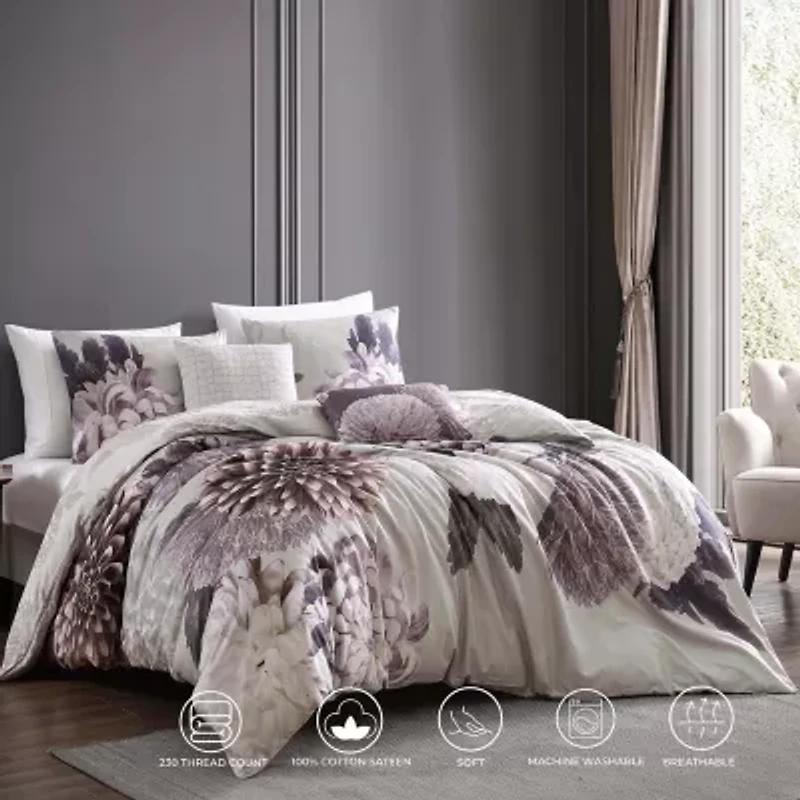 Dahlia Purple 100% Cotton Sateen 5 Piece Reversible Comforter Set