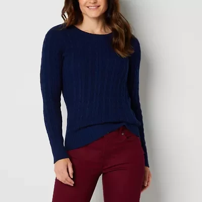 St. John's Bay Womens Crew Neck Long Sleeve Cable Knit Pullover Sweater