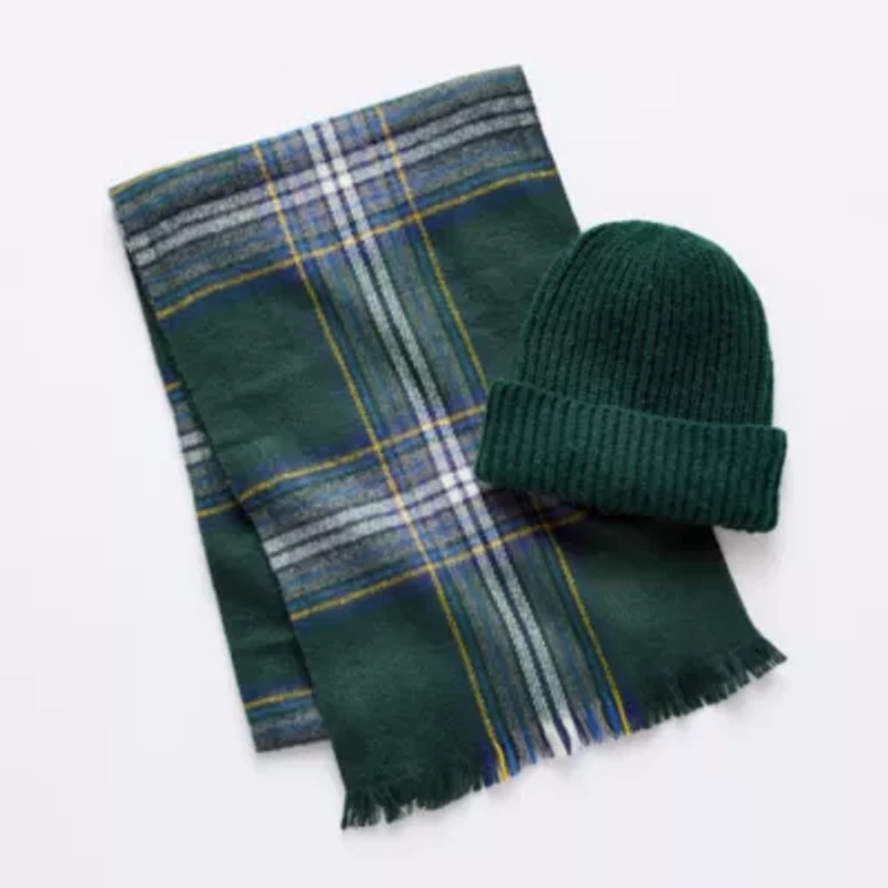 St. John's Bay Solid Beanie W/ Plaid Scarf 2-pc. Cold Weather Set
