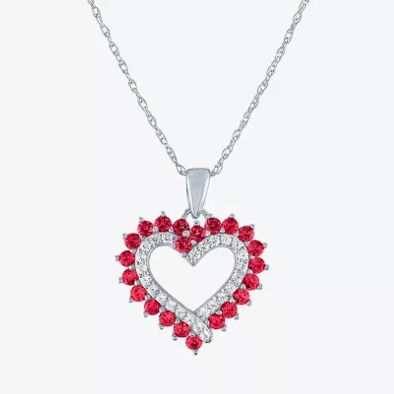 Womens Lab Created Red Ruby Sterling Silver Heart Inch Pendant Necklace