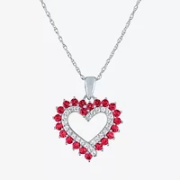 Womens Lab Created Red Ruby Sterling Silver Heart Inch Pendant Necklace