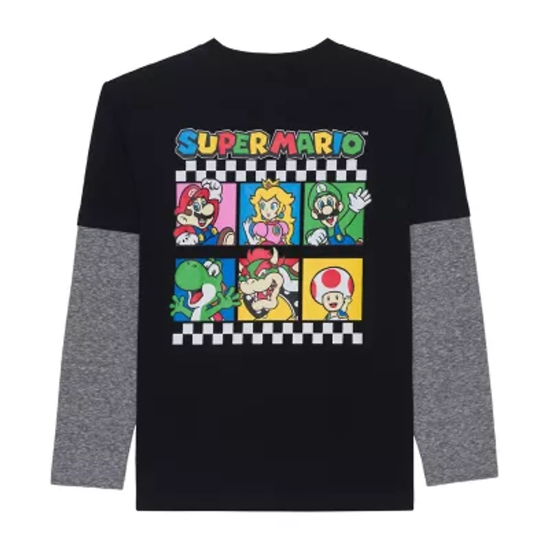 Little & Big Kid Boys Crew Neck Long Sleeve Regular Fit Super Mario Graphic T-Shirt