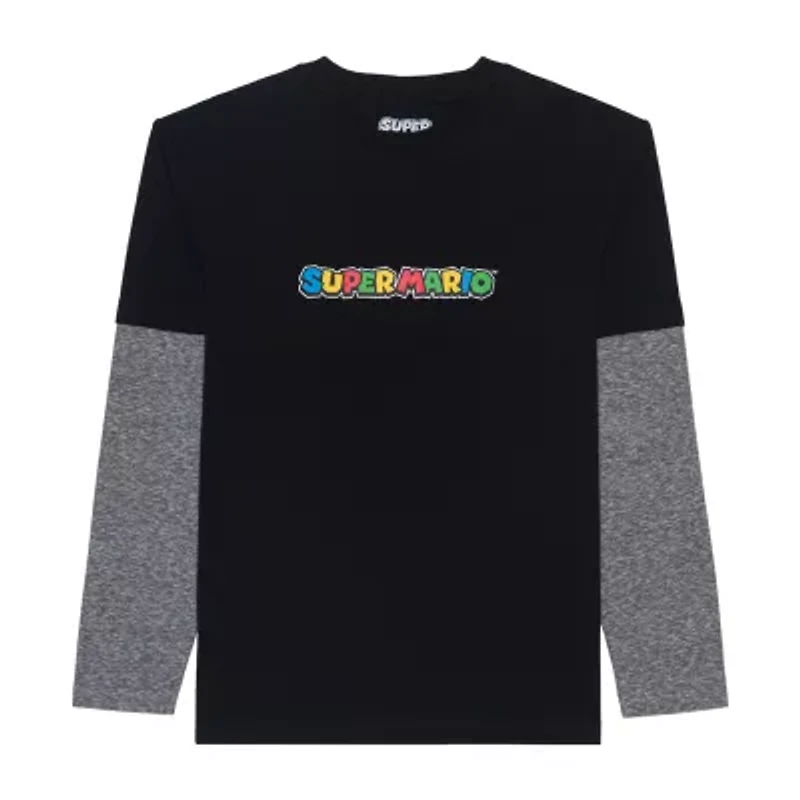 Little & Big Kid Boys Crew Neck Long Sleeve Regular Fit Super Mario Graphic T-Shirt