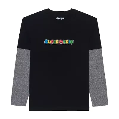 Little & Big Kid Boys Crew Neck Long Sleeve Regular Fit Super Mario Graphic T-Shirt