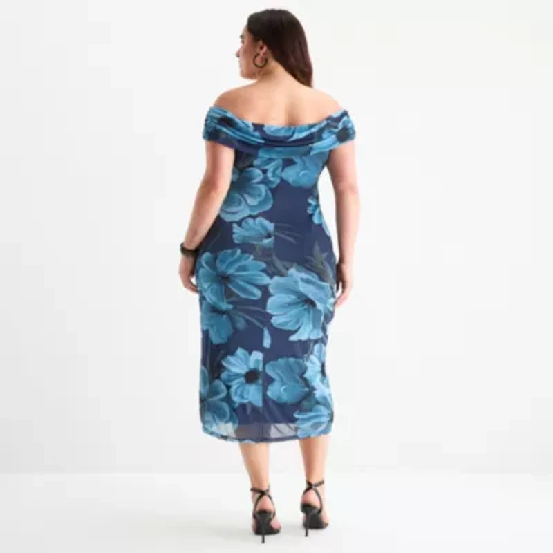 Premier Amour Off The Shoulder Womens Short Sleeve Midi Floral Plus Sheath Dress