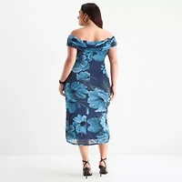 Premier Amour Off The Shoulder Womens Short Sleeve Midi Floral Plus Sheath Dress
