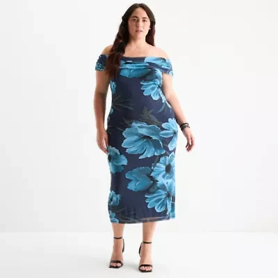 Premier Amour Womens Off The Shoulder Short Sleeve Floral Midi Sheath Dress Plus