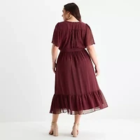 Premier Amour Womens Short Sleeve Midi Fit + Flare Dress Plus