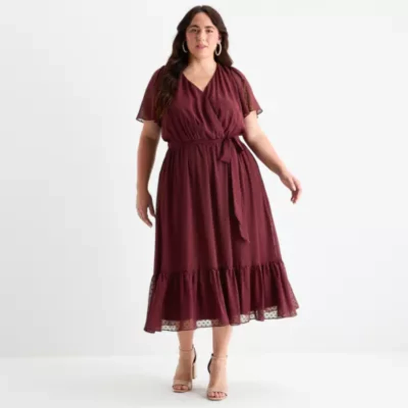 Premier Amour Womens Short Sleeve Midi Fit + Flare Dress Plus