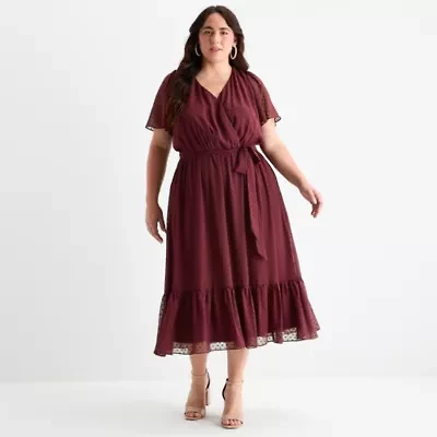 Premier Amour Womens Short Sleeve Midi Fit + Flare Dress Plus