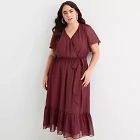 Premier Amour Womens Short Sleeve Midi Fit + Flare Dress Plus