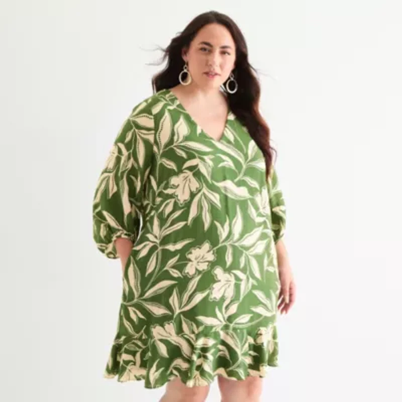 London Times Womens 3/4 Sleeve Floral Plus Shift Dress