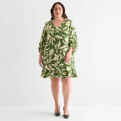 London Times Womens 3/4 Sleeve Floral Plus Shift Dress