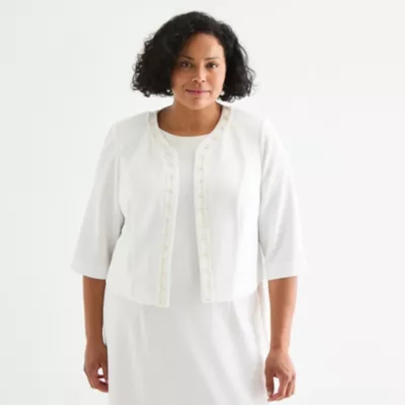 Maya Brooke Womens Pearl Trim Jacket Dress Plus