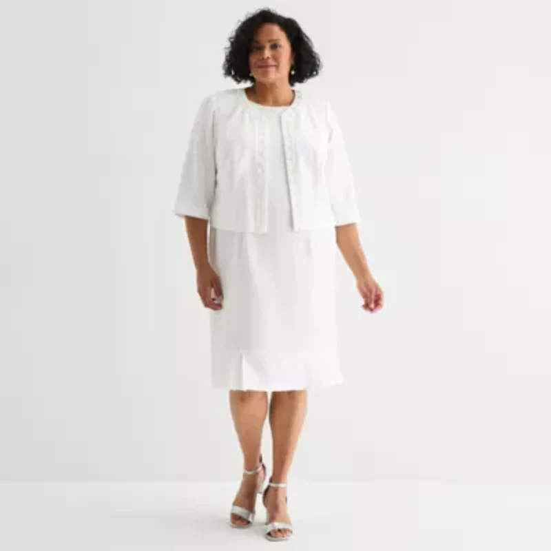 Maya Brooke Womens Pearl Trim Jacket Dress Plus