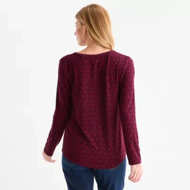 Liz Claiborne Womens Split Crew Neck Long Sleeve Blouse