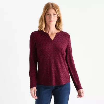 Liz Claiborne Womens Split Crew Neck Long Sleeve Blouse