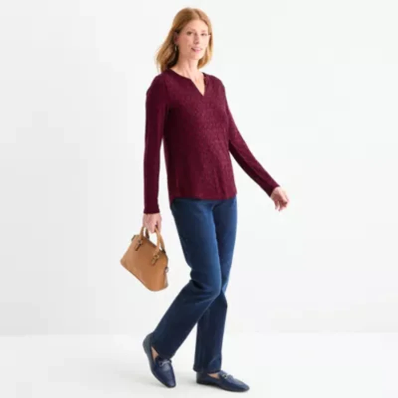 Liz Claiborne Womens Split Crew Neck Long Sleeve Blouse