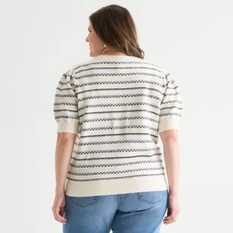 St. John's Bay Plus Womens Crew Neck Short Sleeve Cable Knit Cardigan