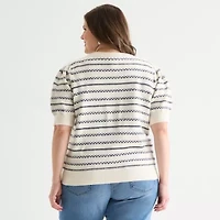 St. John's Bay Plus Womens Crew Neck Short Sleeve Cable Knit Cardigan