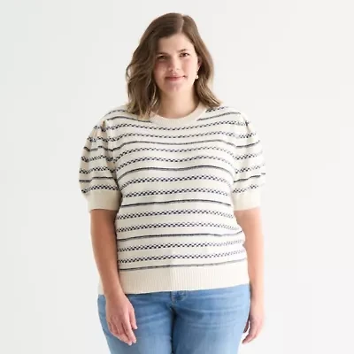 St. John's Bay Plus Womens Crew Neck Short Sleeve Cable Knit Cardigan