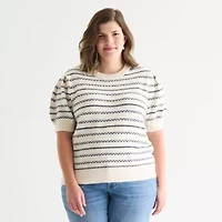St. John's Bay Plus Womens Crew Neck Short Sleeve Cable Knit Cardigan