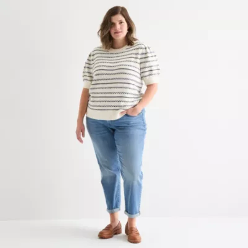 St. John's Bay Plus Womens Crew Neck Short Sleeve Cable Knit Cardigan