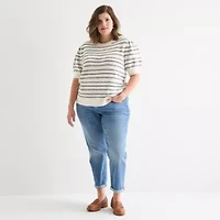 St. John's Bay Plus Womens Crew Neck Short Sleeve Cable Knit Cardigan