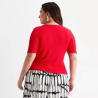 Worthington Womens Plus Split Crew Neck Elbow Sleeve Blouse