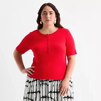 Worthington Womens Y Neck Elbow Sleeve Plus Blouse