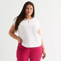 Liz Claiborne Womens Crew Neck Short Sleeve Plus Blouse