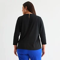 Liz Claiborne Womens Crew Neck 3/4 Sleeve Plus Blouse