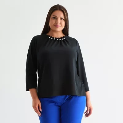 Liz Claiborne Womens Plus Crew Neck 3/4 Sleeve Blouse