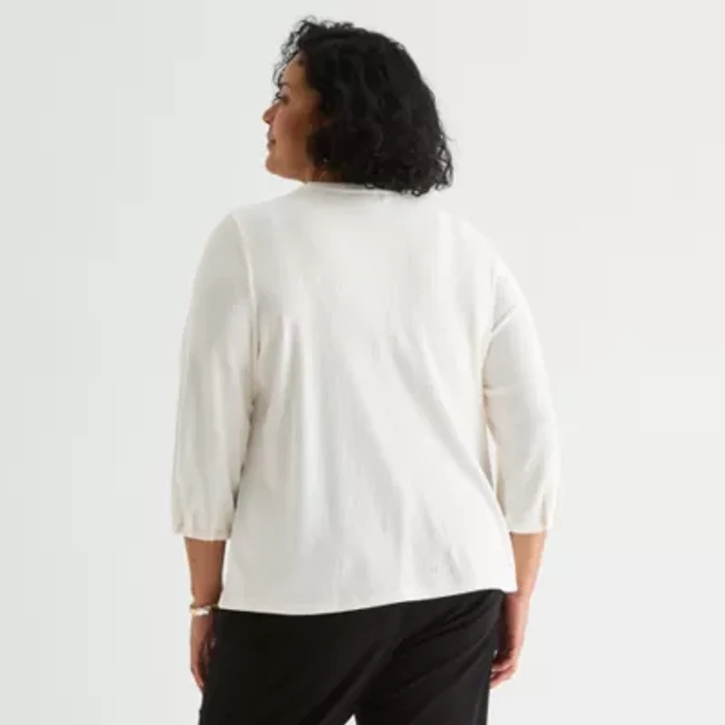 Liz Claiborne Womens Plus Crew Neck 3/4 Sleeve Blouse