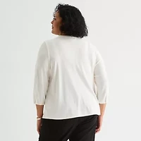 Liz Claiborne Womens Plus Crew Neck 3/4 Sleeve Blouse