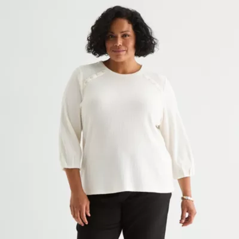 Liz Claiborne Womens Plus Crew Neck 3/4 Sleeve Blouse